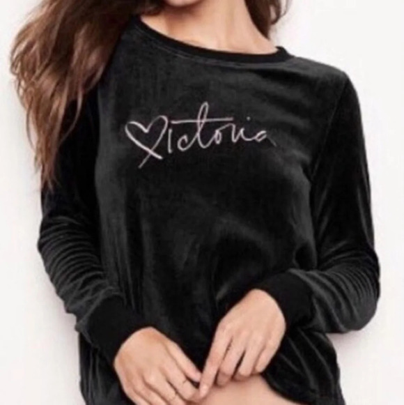 Victoria's Secret black velour  split back crew neck top SZ L - Picture 1 of 6